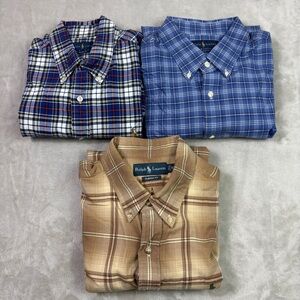 Lot of 3 Ralph Lauren Plaid Men's Button Up Shirts Size XL Blue Brown Preppy